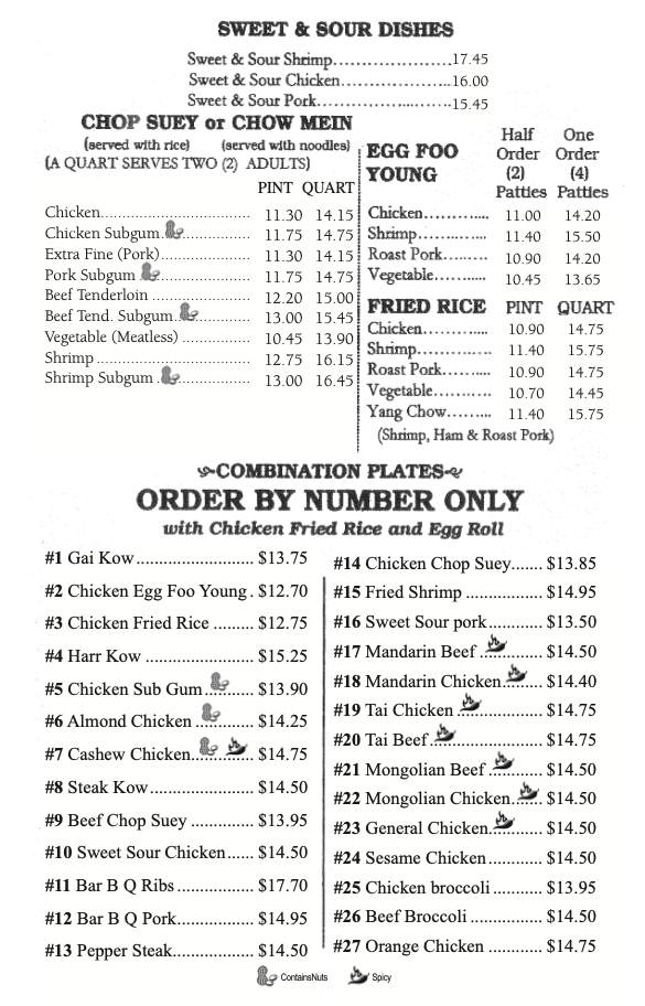 The Golden Moon carry-out menu, left side: Sweet & Sour Dishes; Chop Suey or Chow Mein by the pint or quart; Egg Foo Young by half or whole order; Fried Rice by the pint or quart; and Combination Plates #1 to #27, order by number only, served with chicken fried rice and an egg roll. Icons mark dishes that contain nuts or are spicy.