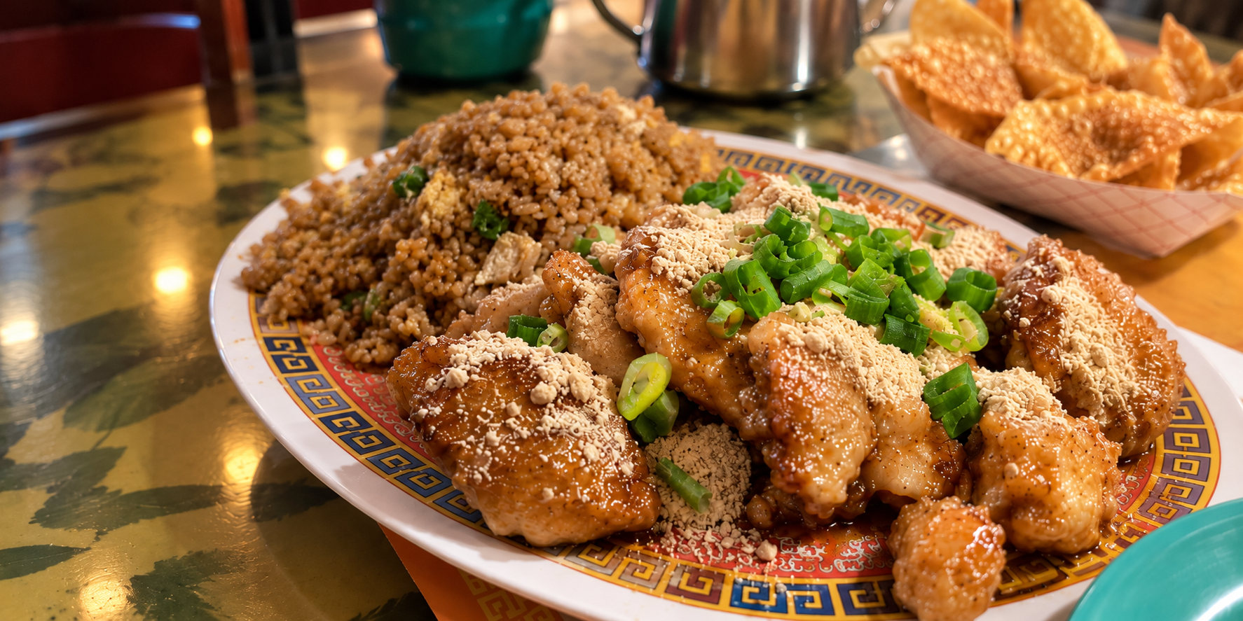 Golden Moon's Almond Boneless Chicken with fried rice and crispy wontons